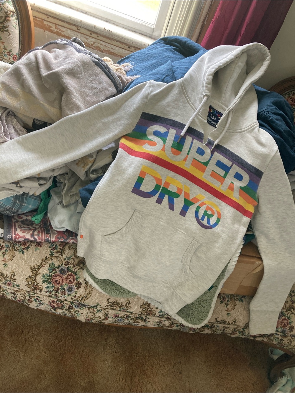 Superdry Light Gray Hoodie with Rainbow Stripe Logo